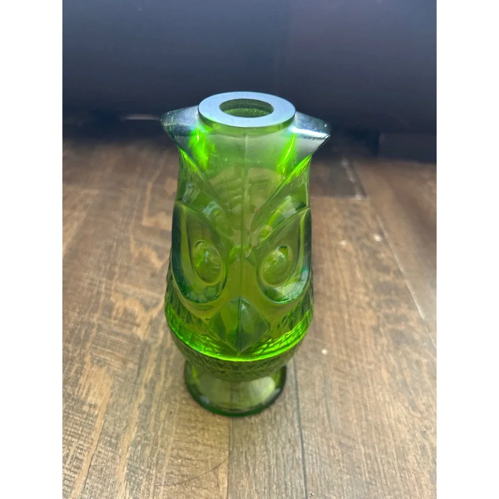 Vintage Viking Glass Green Owl Fairy Lamp MCM Avocado Glimmer Glass 2 Piece Set